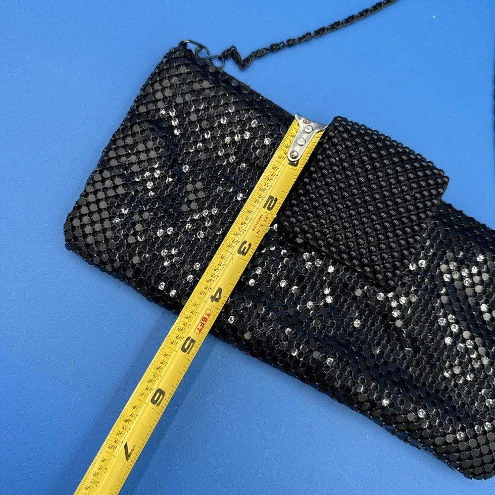 Black Beaded Evening Bag Metal Chain Shoulder Strap Purse Clutch Satin Inside